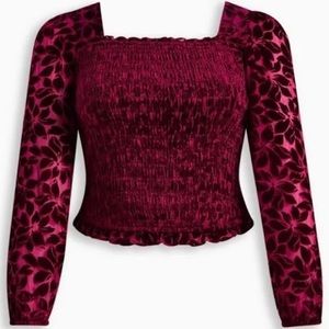 NWT TORRID Velvet Smocked Blouson Sleeve Crop Top